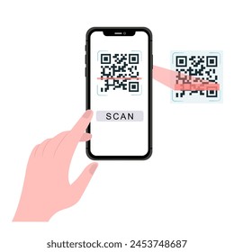 Sosteniendo el Vector de código QR de escaneo de smartphone. Teléfono inteligente en la mano. Icono de teléfono inteligente en ilustración de fondo blanco. Teléfono móvil, teléfono móvil. Las manos de dibujos animados sostienen los teléfonos inteligentes con pantallas vacías.