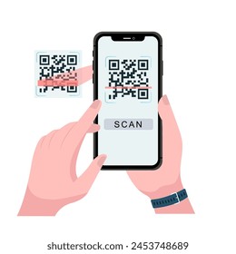 Halten der Vektorgrafik für das Scannen von QR-Codes mit Smartphones. Smartphone in der Hand. Smartphone-Symbol auf weißem Hintergrund Abbildung. Flat Icon Handy, Handy. Cartoon-Hände halten Smartphones mit leeren Bildschirmen.
