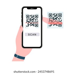 Sosteniendo el Vector de código QR de escaneo de smartphone. Teléfono inteligente en la mano. Icono de teléfono inteligente en ilustración de fondo blanco. Teléfono móvil, teléfono móvil. Las manos de dibujos animados sostienen los teléfonos inteligentes con pantallas vacías.