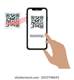 Holding smarphone scanning qr code vector. Smartphone in hand. Smartphone icon on white background illustration. Flat Icon Mobile Phone, Handphone. Cartoon hands hold smartphones with empty screens.