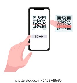 Sosteniendo el Vector de código QR de escaneo de smartphone. Teléfono inteligente en la mano. Icono de teléfono inteligente en ilustración de fondo blanco. Teléfono móvil, teléfono móvil. Las manos de dibujos animados sostienen los teléfonos inteligentes con pantallas vacías.