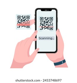 Holding smarphone scanning qr code vector. Smartphone in hand. Smartphone icon on white background illustration. Flat Icon Mobile Phone, Handphone. Cartoon hands hold smartphones with empty screens.