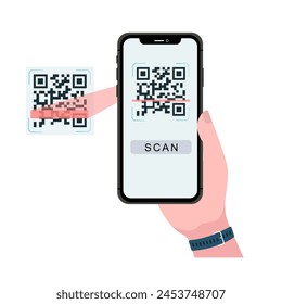 Holding smarphone scanning qr code vector. Smartphone in hand. Smartphone icon on white background illustration. Flat Icon Mobile Phone, Handphone. Cartoon hands hold smartphones with empty screens.