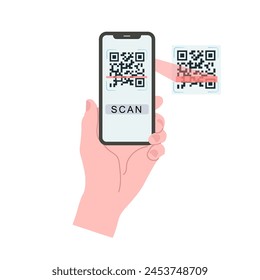 Sosteniendo el Vector de código QR de escaneo de smartphone. Teléfono inteligente en la mano. Icono de teléfono inteligente en ilustración de fondo blanco. Teléfono móvil, teléfono móvil. Las manos de dibujos animados sostienen los teléfonos inteligentes con pantallas vacías.