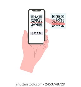 Holding smarphone scanning qr code vector. Smartphone in hand. Smartphone icon on white background illustration. Flat Icon Mobile Phone, Handphone. Cartoon hands hold smartphones with empty screens.