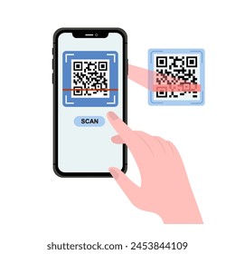 Halten der Vektorgrafik für das Scannen von QR-Codes mit Smartphones. Smartphone in der Hand. Smartphone-Symbol auf weißem Hintergrund Abbildung. Flat Icon Handy, Handy. Cartoon-Hände halten Smartphones mit leeren Bildschirmen.