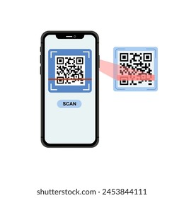 Sosteniendo el Vector de código QR de escaneo de smartphone. Teléfono inteligente en la mano. Icono de teléfono inteligente en ilustración de fondo blanco. Teléfono móvil, teléfono móvil. Las manos de dibujos animados sostienen los teléfonos inteligentes con pantallas vacías.