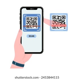 Holding smarphone scanning qr code vector. Smartphone in hand. Smartphone icon on white background illustration. Flat Icon Mobile Phone, Handphone. Cartoon hands hold smartphones with empty screens.