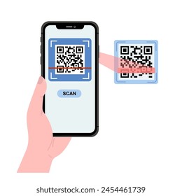 Holding smarphone scanning qr code vector. Smartphone in hand. Smartphone icon on white background illustration. Flat Icon Mobile Phone, Handphone. Cartoon hands hold smartphones with empty screens.