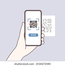 Segurando o vetor de código qr de digitalização do smartphone. Smartphone na mão. Ilustrações de design de vetor de estilo desenhado à mão.