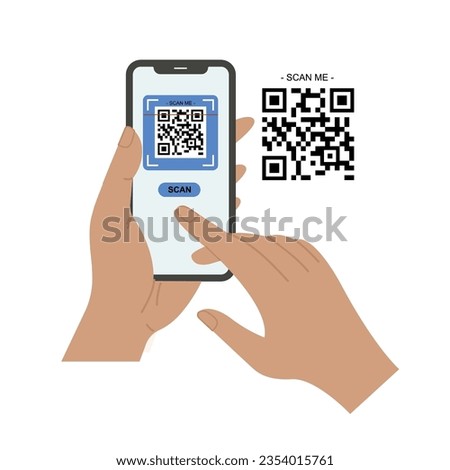 Holding smarphone scanning qr code vector. Smartphone in hand. Smartphone icon on white background illustration. Flat Icon Mobile Phone, Handphone. Cartoon hands hold smartphones with empty screens.