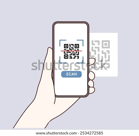 Holding smarphone scanning qr code vector. Smartphone in hand. Hand drawn style vector design illustrations.