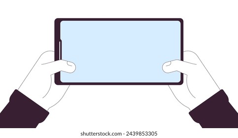 Holding smartphone with blank screen linear cartoon character hands illustration. Device with internet access outline 2D vector image, white background. Mobile phone editable flat color clipart