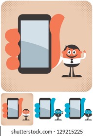 Holding Smartphone: Businessman showing you something on his smartphone. The illustration is in 4 versions. No transparency and gradients used.