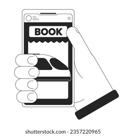 Holding smartphone for buying tickets bw concept vector spot illustration. Online booking ticket on train 2D cartoon flat line monochromatic hand for web UI design.editable isolated outline hero image