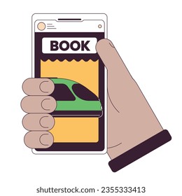 Holding smartphone for buying tickets flat line concept vector spot illustration. Online booking tickets on train 2D cartoon outline hand on white for web UI design. editable isolated color hero image