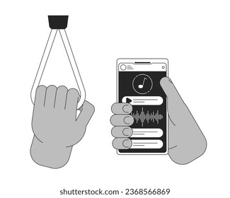 Holding smartphone bw concept vector spot illustration. Safety trip. Handrail in transport 2D cartoon flat line monochromatic hand for web UI design. Editable isolated outline hero image