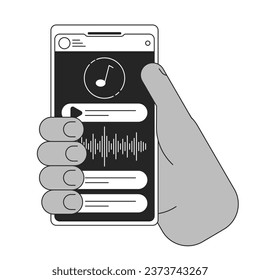 Holding smartphone bw concept vector spot illustration. Listening to music. Playlist on screen 2D cartoon flat line monochromatic hand for web UI design. Editable isolated outline hero image