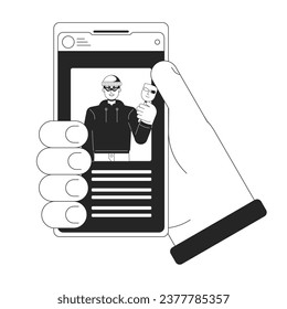 Holding smartphone bw concept vector spot illustration. Stealing identity. Cyber thief 2D cartoon flat line monochromatic hand for web UI design. Cybercrime editable isolated outline hero image