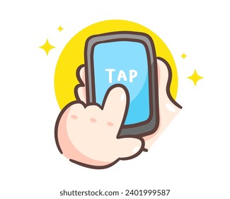 Holding smartphone, clicking, tapping with finger cartoon illustration. Chibi Hand sign concept design. Hand drawn flat style. Isolated white background