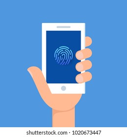 Holding A Smartphone with Fingerprint Authentication Sign on Screen. Identification, Verification and Data Protection Concept Vector Illustration.