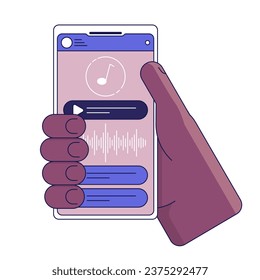 Holding smartphone flat line concept vector spot illustration. Listening to music. Playlist on screen 2D cartoon outline hand on white for web UI design. Editable isolated color hero image