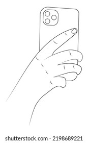 Sujetando el smartphone en la ilustración vectorial de la retrovista manual.