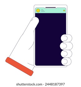 Holding smartphone linear cartoon character hand illustration. Using mobile phone outline 2D vector image, white background. Cellphone in hand. Cell phone carrying editable flat color clipart