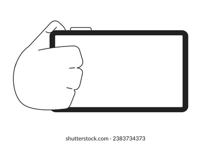 Holding smartphone monochrome flat vector hand. Mobile phone screen. Editable black and white thin line icon. Simple cartoon clip art spot illustration for web graphic design