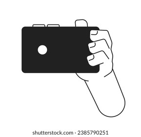 Holding smartphone monochrome flat vector hand. Taking photo. Editable black and white thin line icon. Simple cartoon clip art spot illustration for web graphic design