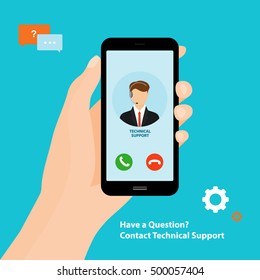 Holding smartphone on hand. Calling technical support. Vector Illustration. 