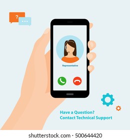 Holding smartphone on hand. Calling technical support. Vector Illustration.