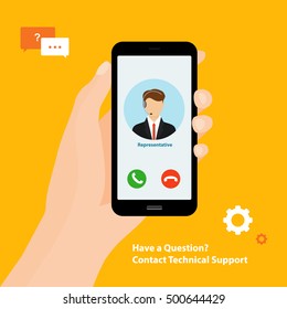 Holding smartphone on hand. Calling technical support. Vector Illustration.