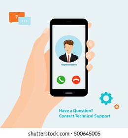 Holding smartphone on hand. Calling technical support. Vector Illustration.