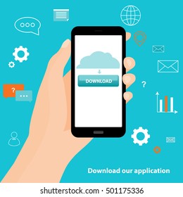 Holding smartphone on hand. Vector illustration. Download application button. Background with icons. 