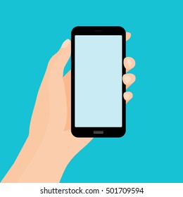 Holding smartphone on hand. Vector illustration.