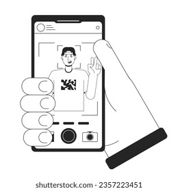 Holding smartphone with photo bw concept vector spot illustration. Taking picture. Selfie 2D cartoon flat line monochromatic hand for web UI design.editable isolated outline hero image