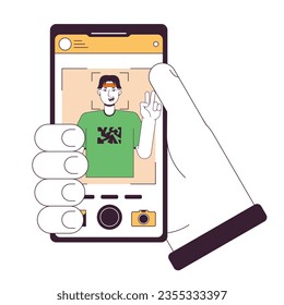 Holding smartphone with photo flat line concept vector spot illustration. Taking picture. Selfie 2D cartoon outline hand on white for web UI design. editable isolated color hero image