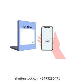 Sosteniendo el Vector de código QR de escaneo de smartphone. Pago sin efectivo con escaneo de smartphone. Métodos de pago sin contacto en transacciones. Pago en tienda utilizando tecnología NFC. Teléfono inteligente en la mano. Pantalla vacía.