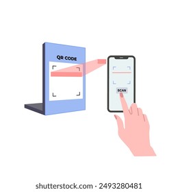 Sosteniendo el Vector de código QR de escaneo de smartphone. Pago sin efectivo con escaneo de smartphone. Métodos de pago sin contacto en transacciones. Pago en tienda utilizando tecnología NFC. Teléfono inteligente en la mano. Pantalla vacía.