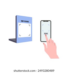 Sosteniendo el Vector de código QR de escaneo de smartphone. Pago sin efectivo con escaneo de smartphone. Métodos de pago sin contacto en transacciones. Pago en tienda utilizando tecnología NFC. Teléfono inteligente en la mano. Pantalla vacía.