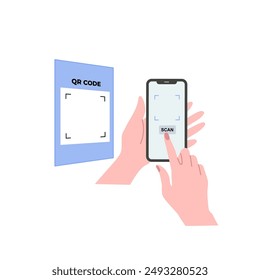 Sosteniendo el Vector de código QR de escaneo de smartphone. Pago sin efectivo con escaneo de smartphone. Métodos de pago sin contacto en transacciones. Pago en tienda utilizando tecnología NFC. Teléfono inteligente en la mano. Pantalla vacía.