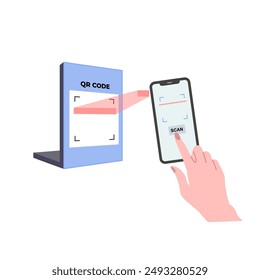 Sosteniendo el Vector de código QR de escaneo de smartphone. Pago sin efectivo con escaneo de smartphone. Métodos de pago sin contacto en transacciones. Pago en tienda utilizando tecnología NFC. Teléfono inteligente en la mano. Pantalla vacía.