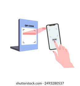 Sosteniendo el Vector de código QR de escaneo de smartphone. Pago sin efectivo con escaneo de smartphone. Métodos de pago sin contacto en transacciones. Pago en tienda utilizando tecnología NFC. Teléfono inteligente en la mano. Pantalla vacía.