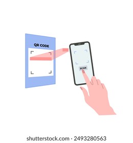 Sosteniendo el Vector de código QR de escaneo de smartphone. Pago sin efectivo con escaneo de smartphone. Métodos de pago sin contacto en transacciones. Pago en tienda utilizando tecnología NFC. Teléfono inteligente en la mano. Pantalla vacía.