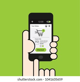 Holding a smartphone with shopping app interface