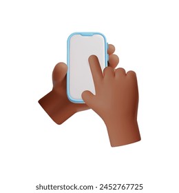 Holding smartphone in two hands 3D vector illustration. Touching mobile device with index finger, scrolling, swipe or tap click on white screen. Empty gadget display mockup