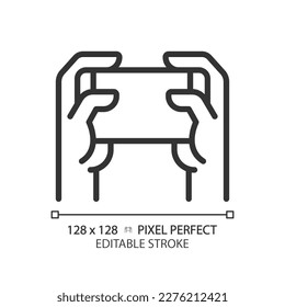Holding smartphone with two hands pixel perfect linear icon. Playing video games. Comfortable device usage. Thin line illustration. Contour symbol. Vector outline drawing. Editable stroke