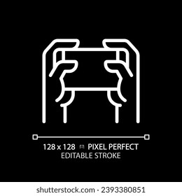 Holding smartphone with two hands pixel perfect white linear icon for dark theme. Playing video games. Comfortable device usage. Thin line illustration. Isolated symbol for night mode. Editable stroke