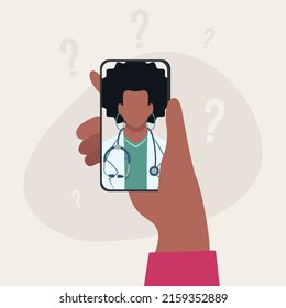 Holding Smartphone with Video Call on Screen of Patient having Online Conversation with black woman Doctor and question signs. Vector illustration.
